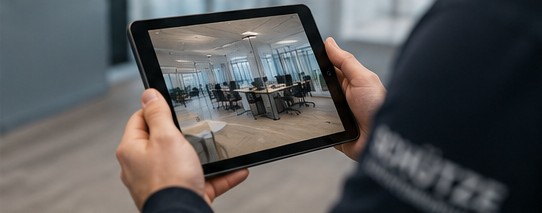 Fotodokumentation eines fertig montierten Büros per Tablet